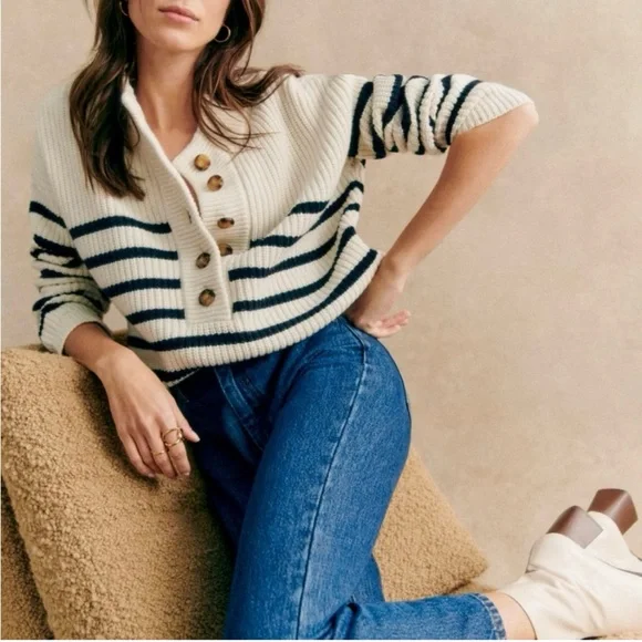 Striped Cream and Black Button-Up Sweater - Picture 3 of 5